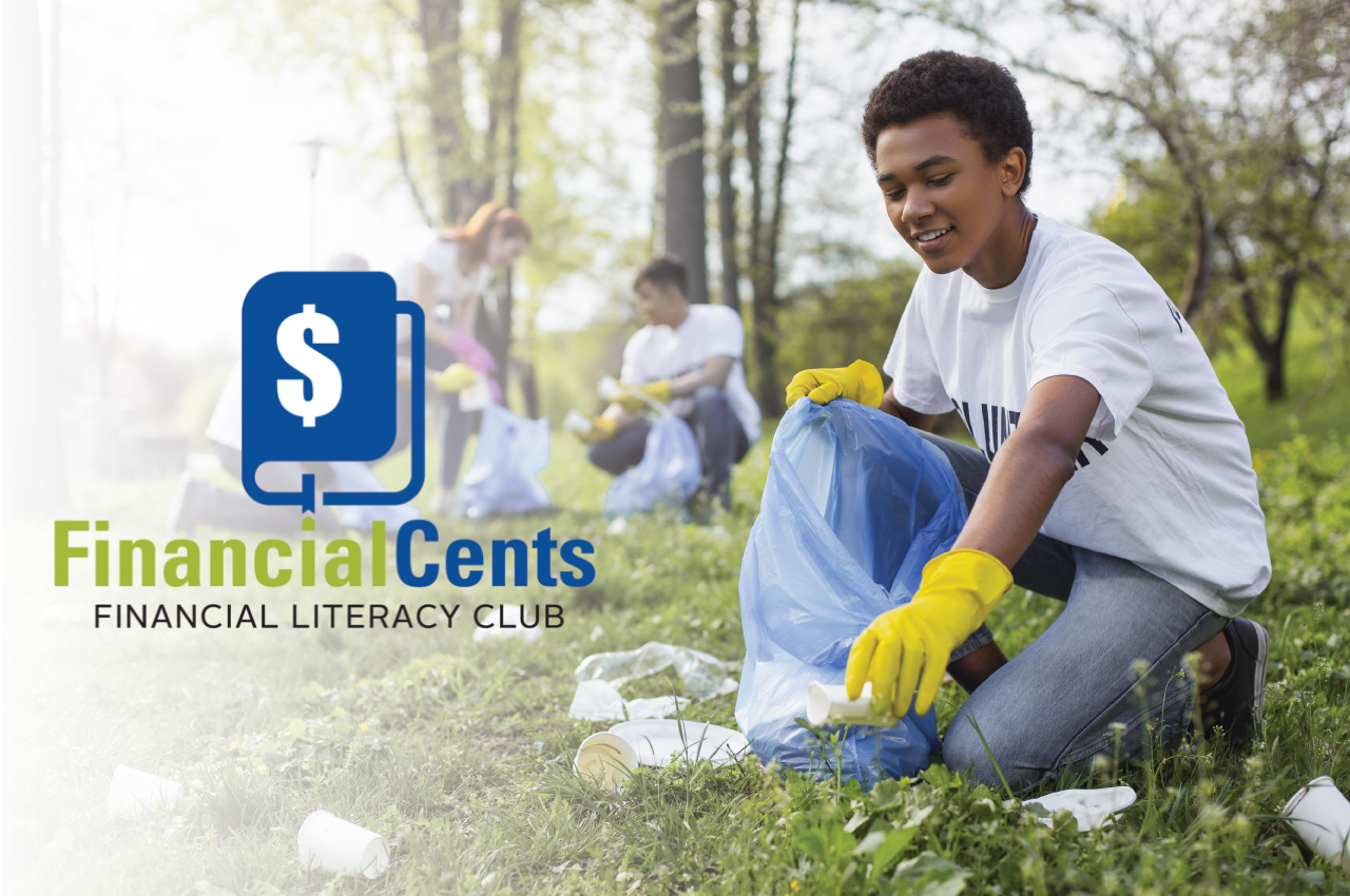 college student volunteering with group to pickup trash, financial cents financial literacy club logo
